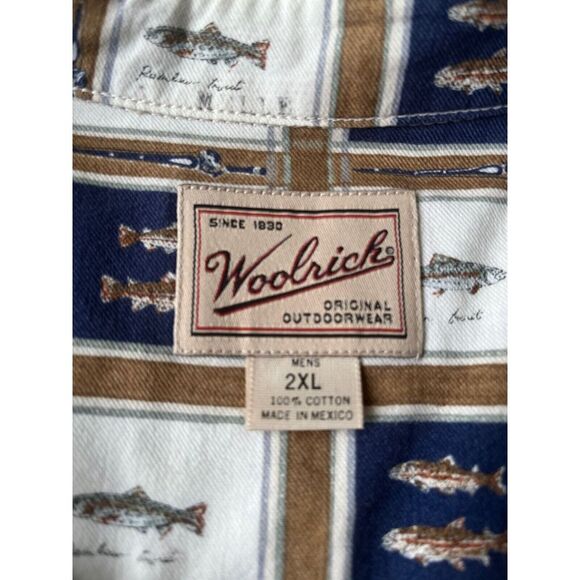 Vintage Woolrich Button Up Shirt Mens 2 XL Brown Blue Fish Print Made in USA - Picture 8 of 8